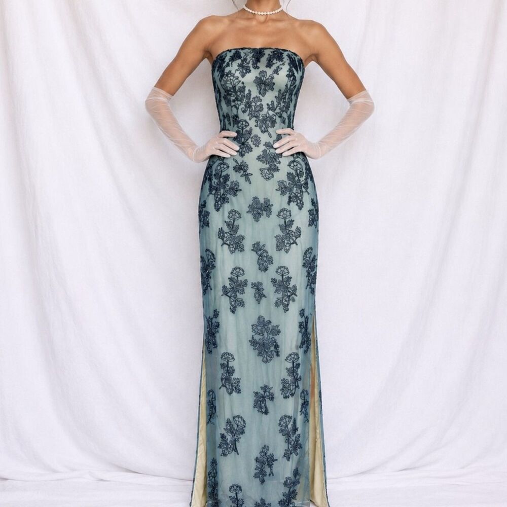 Vintage Y2K 90s Blue Floral Beaded Silk Side Slit Bodycon Maxi Dress Size S/M
